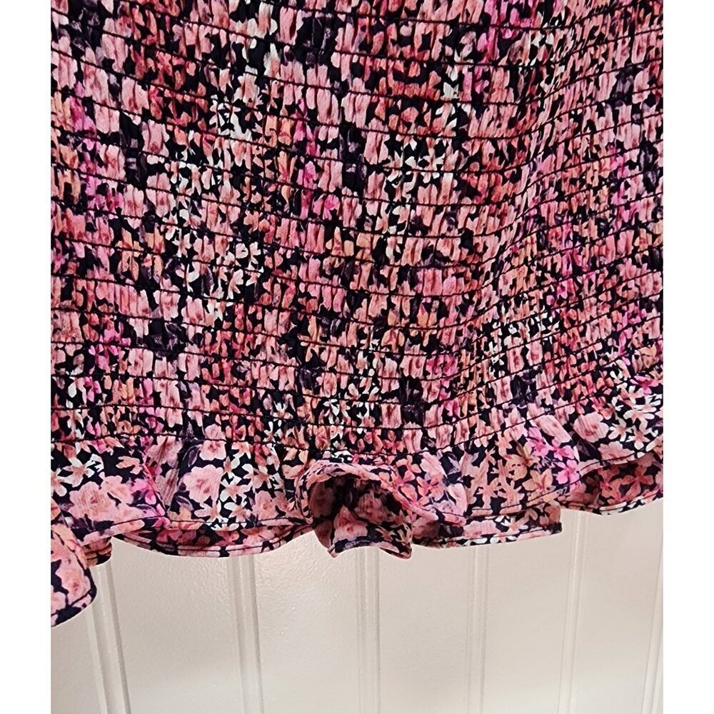 Vince Camuto  Pink Floral Smocked Square Neck Long Sleeve Blouse With Ruffle Hem - Picture 6 of 11